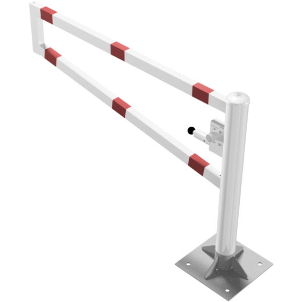 Swiveling gates | to be fixed by plugs, hot-dip galvanized and white coated with red reflecting rings | total width: 1500 mm | with triangular lock
